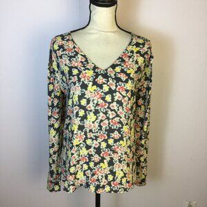 Loft Blouse Top Size M Womans Navy Blue Floral V-neck Long Sleeve Mixed Media
